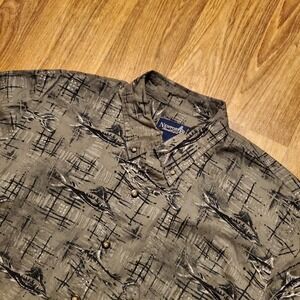 Vintage Fishing Shirt Adult Large Gray Button Down Marlin Fish Coastal Print AOP